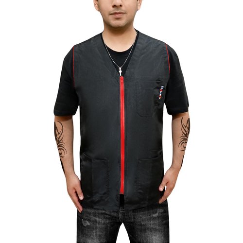 BARBSALO Professional Barber Jacket for Men Women Black Barber Shirt Lightweight Hairdresser Barber Smock Barber Vest (RED BLACK, MEDIUM)