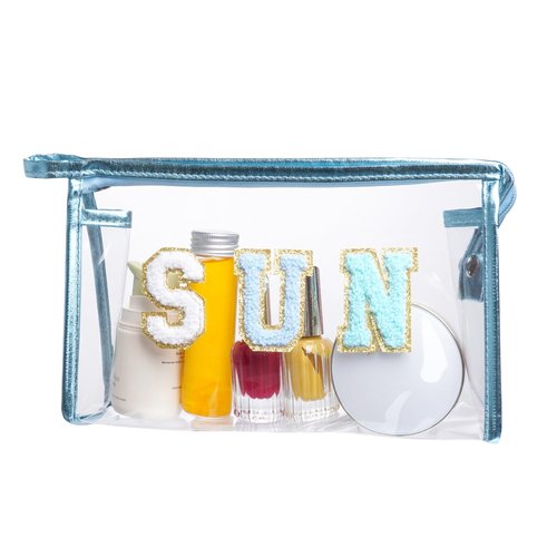 Hmxpls Clear Preppy Patch Makeup Bag, Sun Chenille Letter Bag for Beach, Pouch With Zipper, Travel Cosmetic Toiletry Bag for Women Girls Teens (Blue)