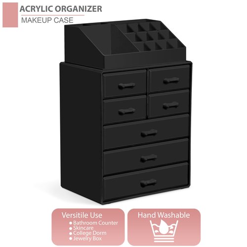 Sorbus Makeup Organizer, Brush Holder and Make Up Storage Drawers - Acrylic Makeup organizer for vanity, Bathroom - Cosmetic Display Cases with 3 large, 4 Small Drawers & 1 Tray for Makeup Brush