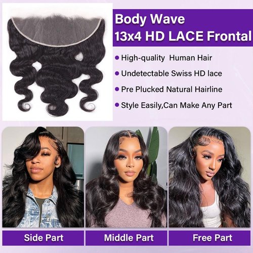 Olsmkis Body Wave HD Lace Frontal 13x4 16 Inch Ear to Ear Transparent Lace Front Closure 100% Unprocessed Brazilian Virgin Human Hair 13 x 4 Pre Plucked with Baby Hair 180% Density Natural Black