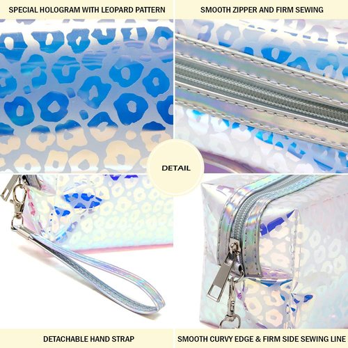 Small Makeup Bag for Purse Zipper Pouch Travel Cosmetic Organizer for Women and Girls (Leopard Hologram)