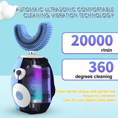 GASLIKE Kids Toothbrush Electric, U Shaped Ultrasonic Automatic Toothbrush with 2 Brush Heads, Six Cleaning Modes, Cartoon Modeling Design for Kids, Special for Birthday Gift (Blue, 2-7Age)