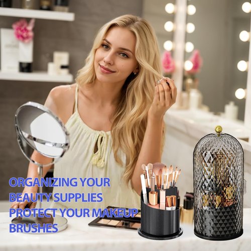 JIANGLAI Makeup Brush Holder with Lid, 360 Rotating Multifunction Clear Dustproof Skincare Cosmetic Tools Storage Organizer for Vanity Desktop Bathroom Countertop (Black)