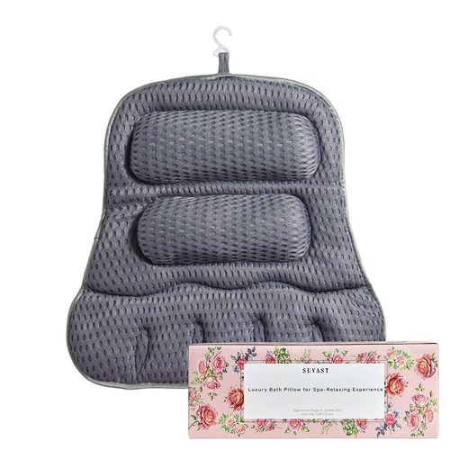 Suvast Luxury Bath Pillow for Tub, Dual Headrest & Back Support, 4D Air Mesh Quick-Dry Cushion, 10 Strong Suction Cups, Extra-Large Spa Bathtub Pillow Gift for Women(Grey)