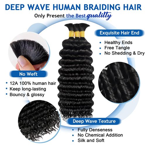 BIZVUS Human Braiding Hair for Boho Braids 110g Curly Boho Hair for Braiding Knotless 12A Wet and Wavy Bulk Bohemian 3 Bundles/Pack Deep Wave 100% Human Hair Extensions Natural Color 18inch