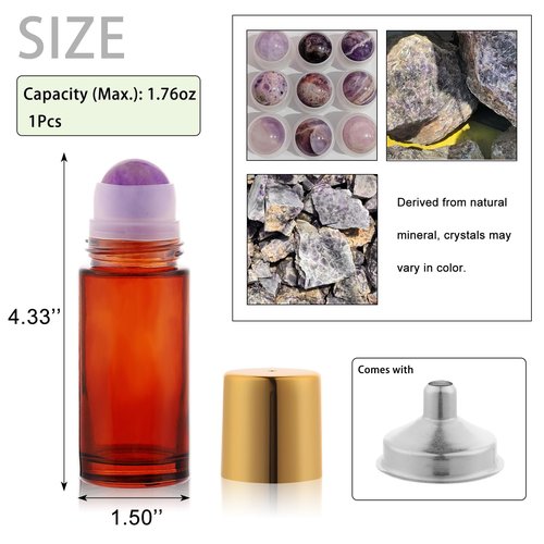 RAMFIYN 2 pack Large Amber Glass Roll on Bottles for Essential Oils Perfume Refillable Roller Ball Applicator Empty Deodorant Containers with Purple Crystal Rollerball