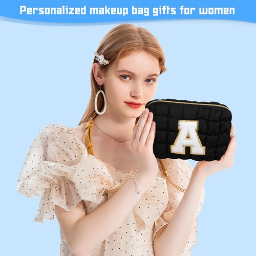 Initial Checkered Makeup Bag, Large Quilted Cosmetic Bag, Cute Make up Pouch for Purse, Travel Toiletry Storage Bag for Women Preppy Teen Girls Gift Trendy Stuff Gift (Black A)