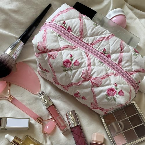 Trnerm Small Makeup Bag Quilted Cosmetic Bag Coquette Makeup Pouch Makeup Organizer Pink Ribbons Small Travel Makeup Bag Travel Toiletry Bag for Women Girls