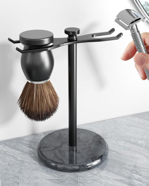 pickpiff Safety Razor Stand with Brush Holder, Marble Base with Black Metal Holder Heavy Duty, Extra Wide Openings, Fits Most Brushes and All Kinds Of Razors