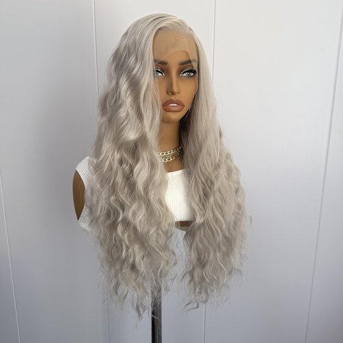 RONGDUOYI Ash Blonde Synthetic Lace Front Wigs for Women Grayish Blonde Long Loose Curly Wig Heat Resistant Fiber Hair 13x4 Frontal Lace Natural Hairline Daily Use Cosplay Wig