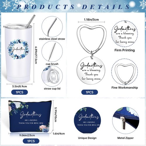Sieral 3 Pcs Godmother Proposal Gifts Set 20 oz Stainless Steel Tumbler Makeup Bag Keychain from Godchild for Mother Women Birthday Gifts Ideas(Blue Flowers)