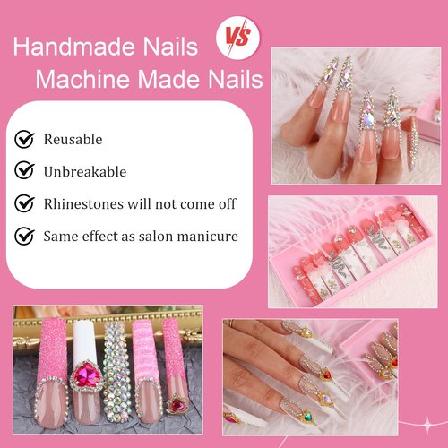 Handmade Long Acrylic Nail Tips, Pink Press on Nails with Full Covered Crystals, Fake Luxury Diamond Nails, Long Square False Nails, Gifts for Women, Reusable Stick On Nails 10Pcs,Bluish pink Size M