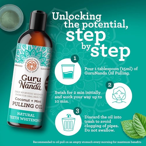 GuruNanda Coconut Oil Dental Care: Whitening Strips + Oil Pulling - Helps Brighten Teeth, Freshen Breath, Healthy Gums - 14 Strips + 8oz for Complete Oral Care