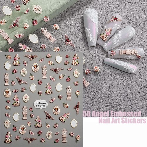 Zoance Embossed Angel Nail Stickers, 5D Stereoscopic Self-Adhesive Flower Baby Nail Decals Baroque Nail Art Stickers for Women Girls Nail DIY Manicure Decoration