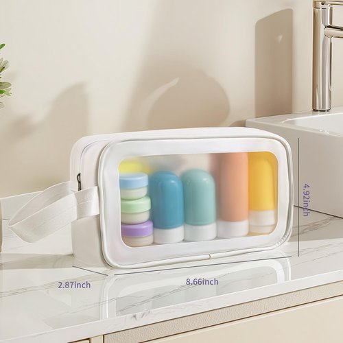 lekymo 82PCS Travel Size Toiletries Include 16 TSA Approved Travel Bottles Set, Razor, 30 Cotton Swabs, 20 Dental Floss Picks & 14 Compressed Towels Travel Vacation Essentials for Airplane Men Women