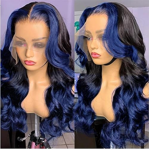 YMS Ombre Blue Wigs Human Hair 180% Density Dark Blue Body Wave HD Lace Front Wigs for Women 26 Inch Highlight Blue Skunk Stripe Glueless Wigs Pre Plucked