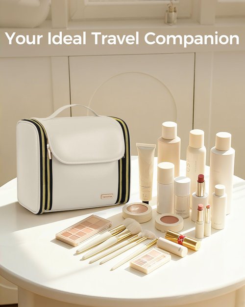 TBTOTRA Hanging Toiletry Bag, PU Leather Makeup Bag Large Capacity with Jewelry Organizer for Brushes Set, Cosmetic Accessories, Beige