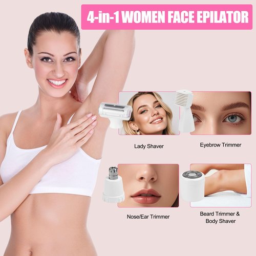 Women Face Epilator, 4-in-1 Body Shaver and Facial Epilator, Hair Removal for Face, Waterproof Facial Hair Remover for Armpits, Arms, Legsm, Bikini
