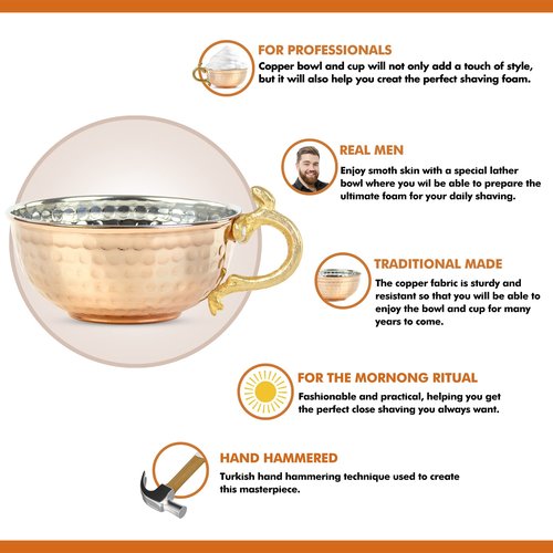 JAIRESTONE Copper Shaving Bowl and Cup - Turkish Hand Hammered Shaving Bowl - Safety Razor and Brush Holder - Traditional Shaving Cup - Lather Bowl for Shaving - Barbers Shop Utensil