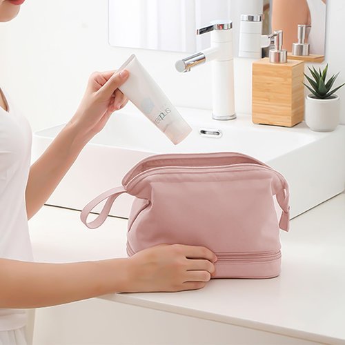 HEMOUR Makeup Bag Double Layer Portable Travel Cosmetic Bag with Brush Holder, Makeup Organizer Bag Toiletry Bag for Women and Girls (Pink)