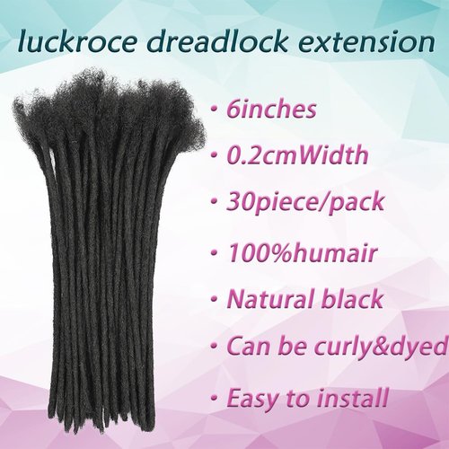 Luckroce Loc Extension Human Hair 6 inch 0.2cm Width 100% Permanent Huamn Hair Dreadlocks Extension Can Be Dyed Bleached Curled Handmade loc Extension for Men Women (30 Strands Natual Black)