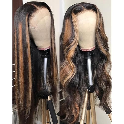 Highlight Ombre Lace Front Wig Human Hair 28 Inch Black Mixed Honey Blonde #1B/30 Colored Pre Plucked Bleached Knots 13x4 HD Transparent Lace Front Wigs 150% Density for Women Glueless Virgin Hair