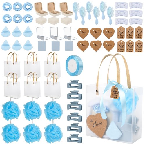 WAYASDCU 6 Sets Baby Shower Prizes for Game Winners Bath Sponges Heart Cork Coaster Headband Hair Brush Jewelry Box Compact Mirror Powder Puff Hair Tie Claw Gift Bag Bridal Shower