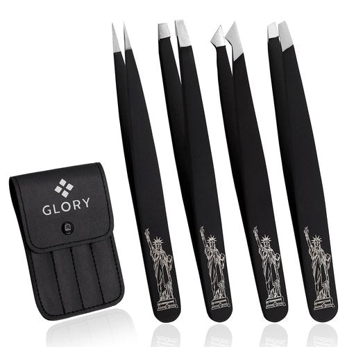 Glory 4 Pcs Precision Eyebrow Tweezers Set Professional Stainless Steel Brow Tweezers for Eyebrows, Ingrown Hair & Facial Use with American-Inspired Design