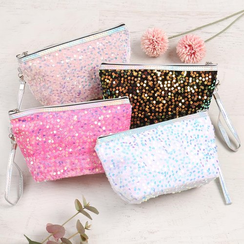 RIAH FASHION Pouch Clutch Organizer Bag - Travel Cosmetic Makeup Toiletry Jewelry Cute Sequin Purse Adjustable Strap (Sequin Glitter Cosmetic Pouch - White)