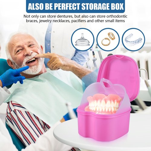 KISEER 2 Pack Colors Denture Bath Case Cup Box Holder Storage Soak Container with Strainer Basket for Travel Cleaning (Light Blue and Pink)