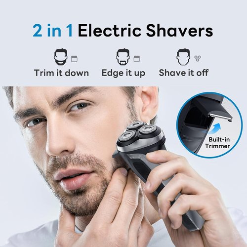 DOAO Electric Razor for Men, 100% Waterproof, Gentle on Sensitive Skin, Wet & Dry Rotary Electric Shavers for Men, Pop-up Beard Trimmer, 120 Min Shaving, 1.5H Fast Charge, Ergonomic Men's Shaver