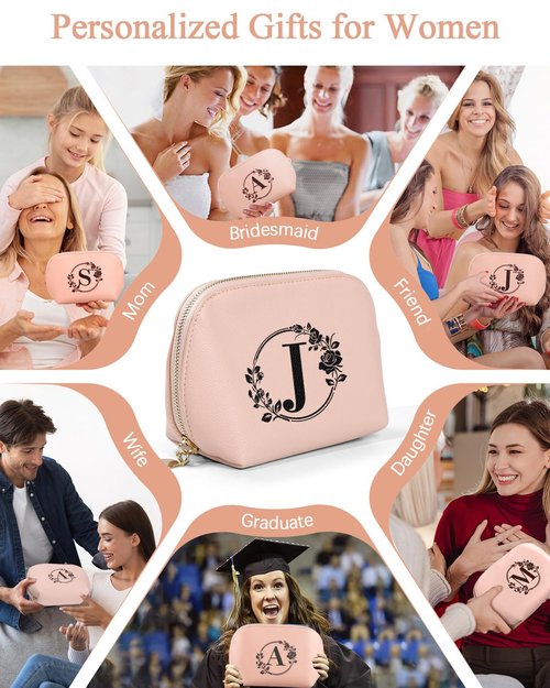 GiftPeak Travel Makeup Bag, Small Capacity Cosmetic Bags for Women Girls, Leather Zipper Waterproof Portable Pouch Open Flat Toiletry Bag, Birthday Gift For Daughter, Preppy Things For Girls (Pink J)