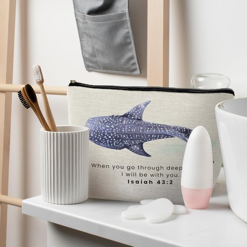 RYYCDOI Whale Shark Christian Makeup Bag Pouch, Christian Shark Gifts for Women, Bible Verse Gifts Isaiah 43:2, When you go through deep waters I will be with you