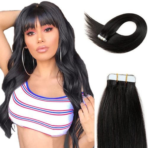Tape in Hair Extensions Human Hair, 16'' Black Hair Extensions Tape ins Remy Human Hair Extensions 20 Pcs 50 g/pack (#1B) Black