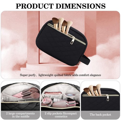 MAXTOP Black Quilted Makeup Bag Small Makeup Pouch for Women Travel Essentials Waterproof Travel Bag for Cosmetics Toiletries Accessories（Black）