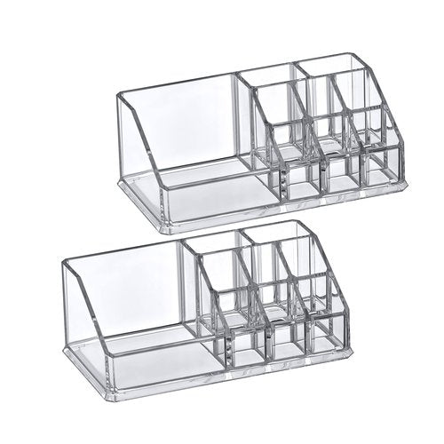 Amazing Abby - Tiffany - 2-Pack Acrylic Cosmetic Organizer, Transparent Plastic Makeup Holder, Compartmented, Shatter-Proof, Perfect Bathroom Vanity Storage Solution for Beauty Supply, Small