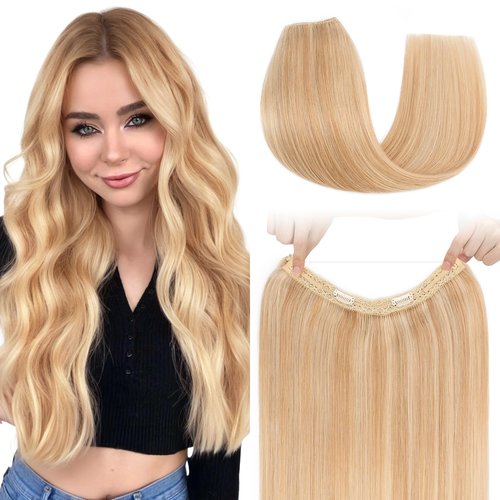 S-noilite Halo Hair Extension Invisible Wire in Real Remy Human Hair Extensions with Clips Adjustable Hidden Wire in Hair Extension for Women 14 inch Ash Brown Highlighted Blonde