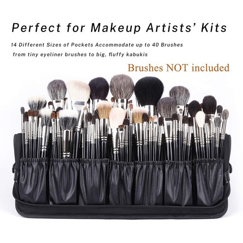 Rownyeon Professional Makeup Brushes Organizer Bag Makeup Artist Cosmetic Case Leather Handbag Black Travel Portable(Only Bag)