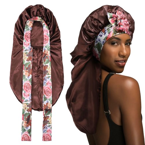 MBJERRY Long Satin Braids Bonnet - Silk Hair Bonnets for Sleeping Stretchy Tie Band for Black Women Elastic Sleep Cap for Curly Hair (Brown)