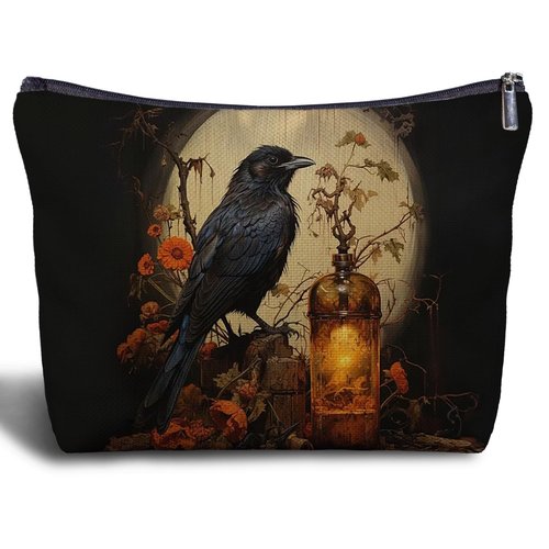 Zomhix Black Crow Raven Goth Canvas Makeup Bag for Women - Dark Art Gothic Gifts, Vintage Black Raven Cosmetic Bag for Purse Travel Bag, Crow Lovers Gifts