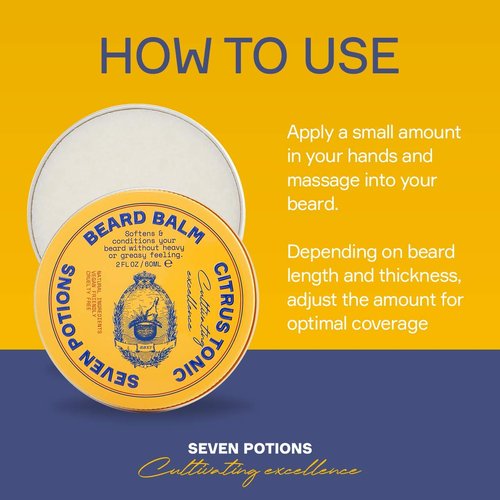 SEVEN POTIONS Beard Balm for Men — Conditioning Softener to Nourish Skin, Facial Hair, and Stop Beard Itch — All-Natural, Vegan, Cruelty Free — Citrus Tonic (2 FL OZ)