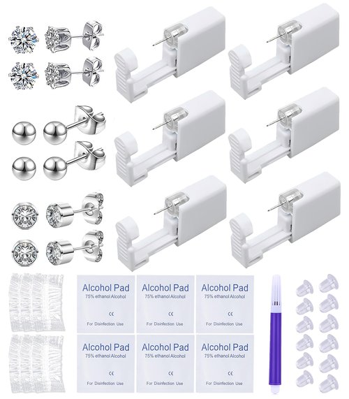 VitaCool Ear Piercing Kit Disposable Ear Cartilage Piercing Gun Kit with Sterile Multi-Sized CZ Studs Easy and Safe Earring Self for Yourself Use at Home (Style D-4mm-3Mix-S)