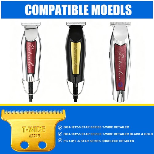 2PCS 2215 Replacement T Wide Blades Compatible with Wahl 5 Star Detailer Li Trimmer(8081) and (8171) - Adjustable Stainless-steel Zero-Gap Trimmer Blade ((3PCS-Gold)