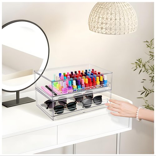 Clear Stackable Storage Drawers,2 Pack Plastic Organizers Bins for Makeup Organizer,Bathroom Makeup Organizer for Palettes,Cosmetic, and Beauty Supplies,Ideal for Vanity, Cabinet,Desk Organization