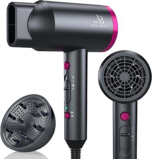 ANNE BETTY Ionic Hair Dryer with Diffuser, Powerful 1800W Blow Dryer for Women & Men, Fast-Drying Hair Dryer with Nozzle for Home, Salon, Travel