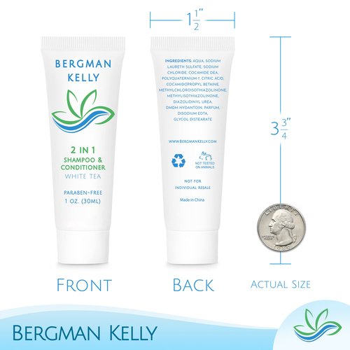 BERGMAN KELLY Round Soap Bars, 2in1 Shampoo & Conditioner 2-Piece Set (White Tea, 1 oz each, 100 pc), Delight Your Guests with Revitalizing & Refreshing Sanitary Toiletries & Hotel Amenities