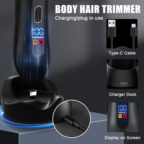 Sokadanch Men's Electric Body & Ball Hair Trimmer, 4-in-1 Ceramic Blade, Waterproof, Type C Charging, Black