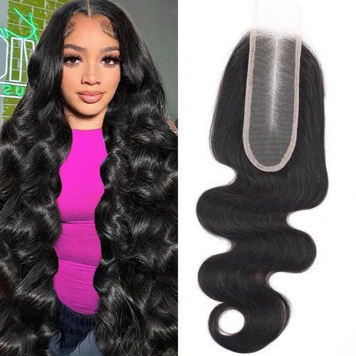 2x6 HD Transparent Skinlike Human Hair Lace Closure Body Wave 16inch 100% Brazilian 2x6 Closure Virgin Human Hair Kim K Middle Part Closure Body Wave Natural Black Glueless Pre Plucked Bleached