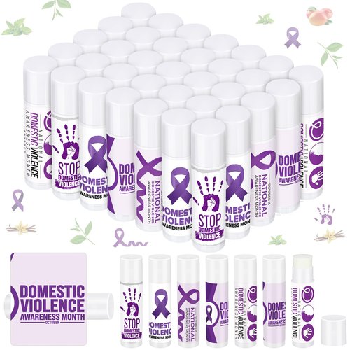 Sacubee 50 Pcs Lip Balm Bulk Ribbon Vanilla Sunscreen Lip Balm Gift for Women Men Mental Health Awareness Public Event Supplies, 5 Scents(Domestic Violence Awareness, Elegant Color)