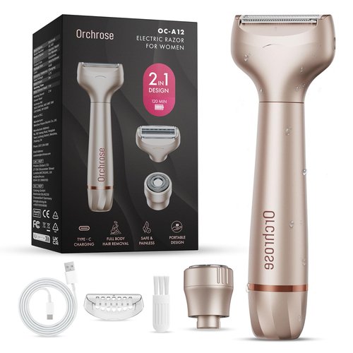 Orchrose Electric Razor for Women Body: Rechargeable Painless Electric Shaver for Bikini Face Body Legs Underarms - 3-in-1 Blade and Rotary Shaving Head (Honey Gold)